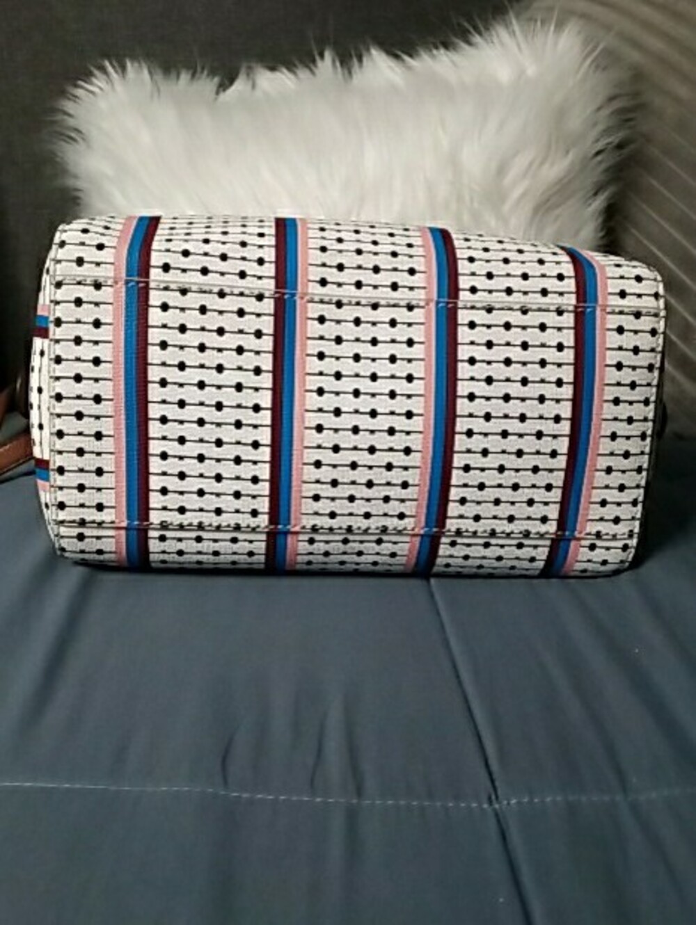 Fossil White Satchel with Brown Handles and Blue & Red Stripes - Picture 6 of 15